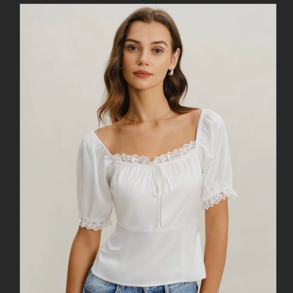 Rihoas Size L White Square Neck Lace Satin Blouse - New!